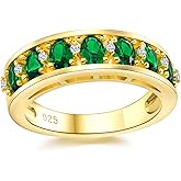 DAYBYDAY Oval Band Rings for Women, 925 Sterling Silver/14k Gold Plated Half Eternity Ring, Aquamarine/Ruby/Emerald/Sapphire Birthstone Rings, Thick Band Gemstone Anniversary Ring Size 6 to 10