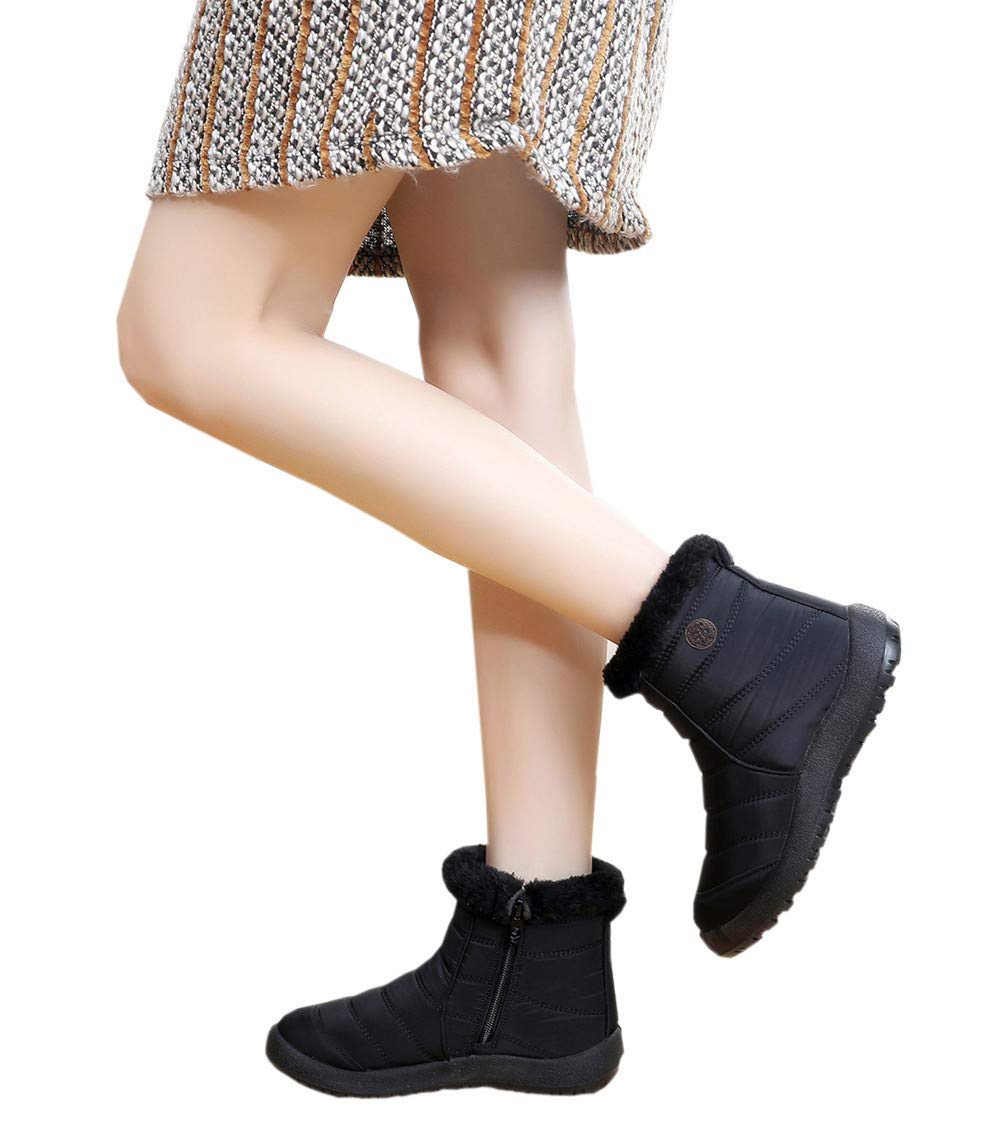 DADAWEN Women's Winter Waterproof Warm Fur Lined Anti-Slip Side Zipper Short Ankle Snow Boots Black US Size 5 - Image 3