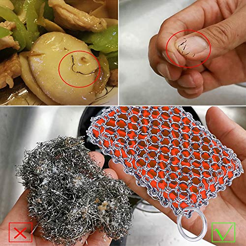 Cast Iron Skillet Cleaner Brush,Premium 316L Stainless Steel Chainmail Cleaning Scrubber Set with Silicone Insert,Kitchen Brush for Sink,Pot, Pan, Pre-Seasoned Pan,Dutch Ovens Waffle Pans Scraper