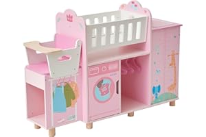 Olivia's Little World Amanda 6-in-1 Wooden Doll Nursery Station with Rocking Cradle, High Chair, Storage, Washing Machine and Sink - for 3 yrs and up, Pretend Play House, Daycare - Pink/Multi