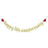 Glitter Gold Happy 5th Anniversary Banner, for 5th Wedding Anniversary Party Decoration, 5th Anniversary Birthday Party Decoration Photo Props