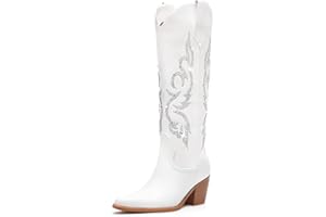 Platikly White Cowboy Boots for Women - Wide Calf Rhinestone Cowgirl Boots, Women Knee High Western Boots, Glitter Sparkly Ladies Tall Boots with Classic Embroidery and Side Zipper, Retro Classic Country Boots Pull On for Ladies