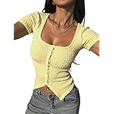 SOLY HUX Women's Summer Tops Button Down Square Neck Short Sleeve T Shirt Casual Going Out Top