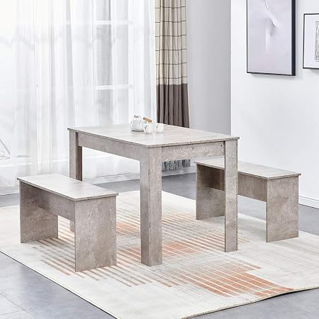 Huisen Furniture Small Grey Dining Room Table And 2 Bench Set For 4 People Seat Kitchen Dinette Set Wooden For Cafe Restaurant Grey Amazon Co Uk Kitchen Home