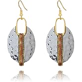 MALOYANVE Handmade Boho Hammered Earring for Women Unique Chic Trendy Vintage Bohemian Ethnic Classic Texture Lightweight Oval Dangle Drop Statement Earrings Jewelry Gifts