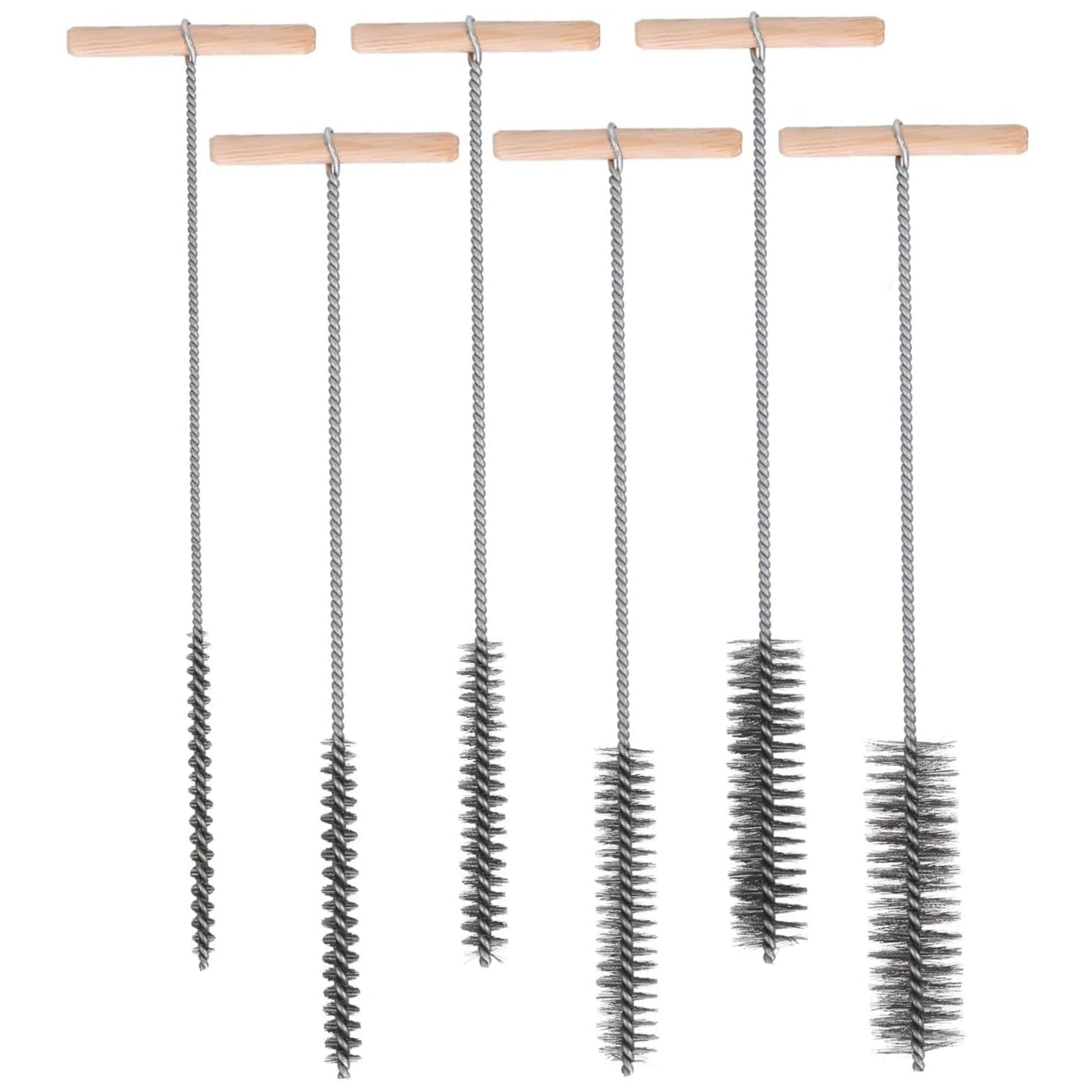 Zocipro 6Pcs Pipe Cleaner Brush Set – T-Shaped Cleaning Brushes with Wooden Handle – 8/12/16/20/25/30mm Stainless Steel Hole Brushes for Cleaning Hammer Drills & Power Tools