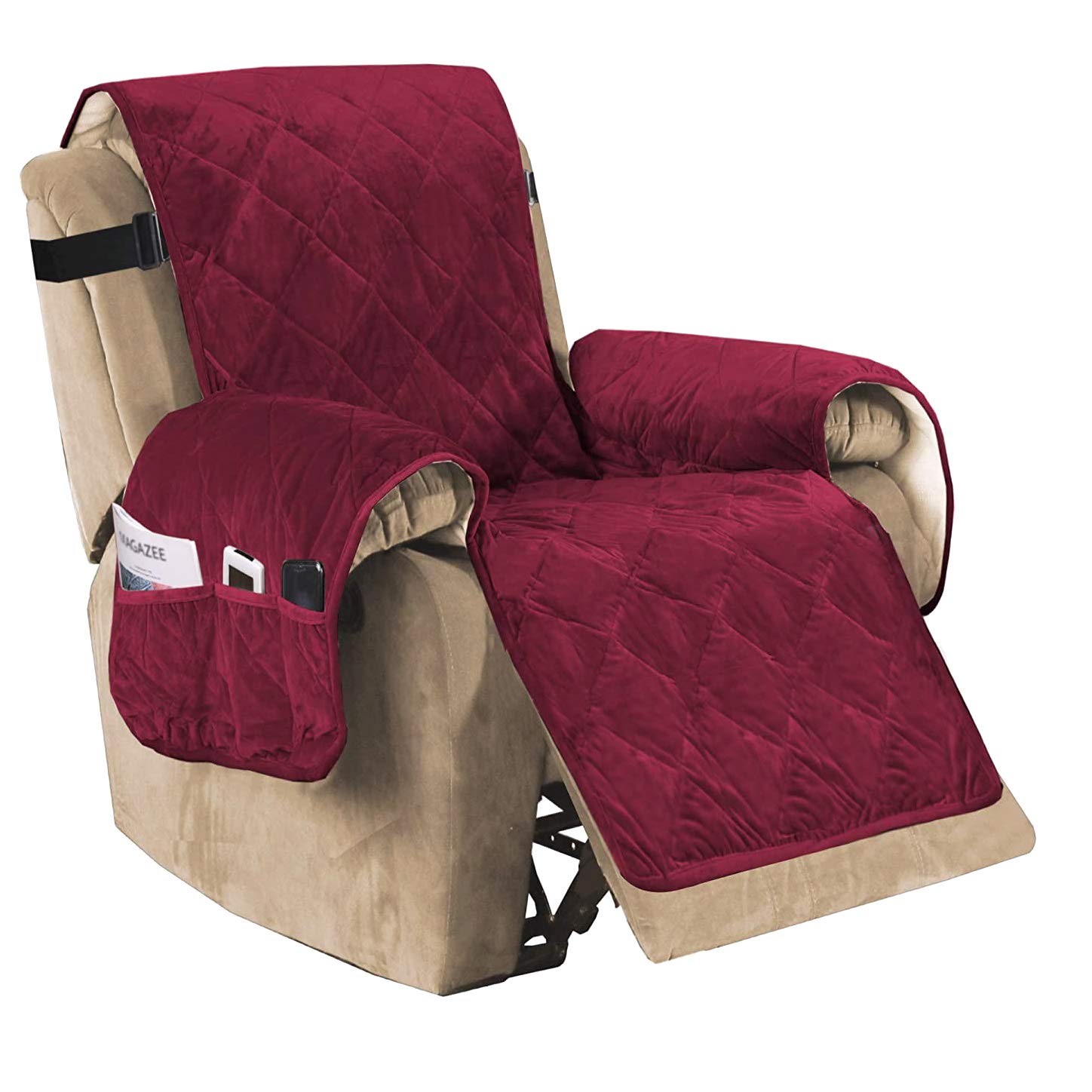 Luxury Velvet Plush Large Width Recliner Chair Cover with Elastic Straps Three Pockets, Pet Dog Couch Covers for Armchair Seat Width Up to 28", Living Room Slipcover, Furniture Protector Corner Sofa