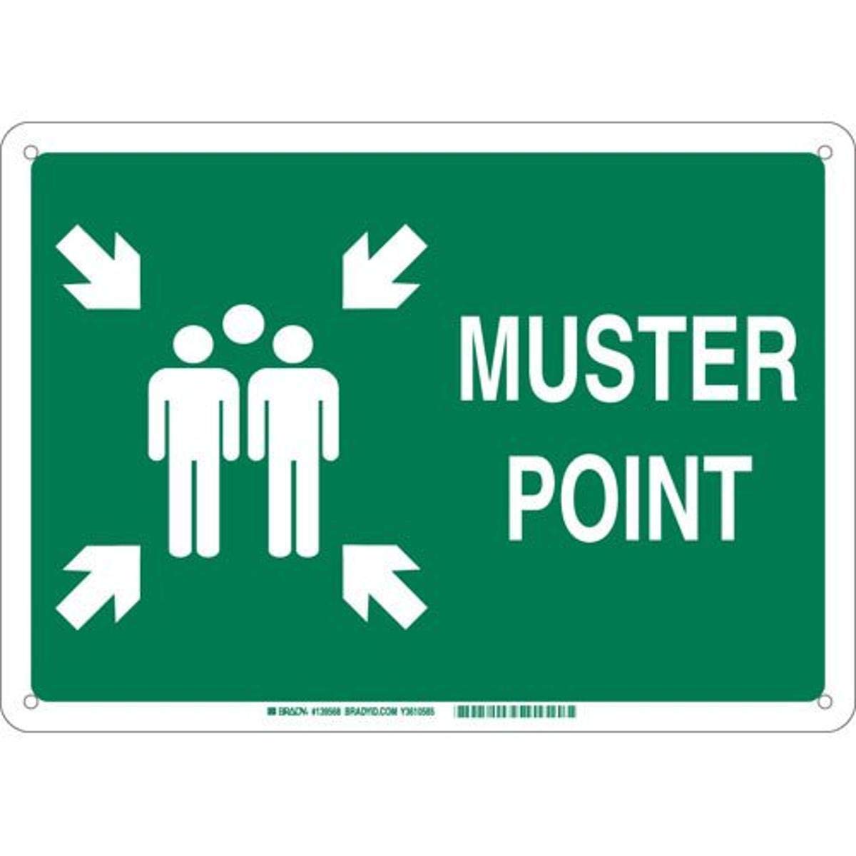 Brady 139574 Aluminum ''MUSTER POINT'' Sign, Text and Symbol, 10'' H x 14'' W, White on Green