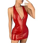 Floerns Women's Y2k Leather Mini Dress Sleeveless Halter Neck Zipper Club Bodycon Dress