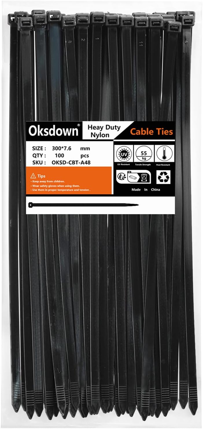 Oksdown 100 Pack Black Thick Cable Ties 300mm 7.6mm Heavy Duty Nylon