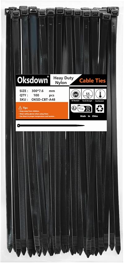 Oksdown 100 Pack Black Thick Cable Ties 300mm 7.6mm Heavy Duty Nylon