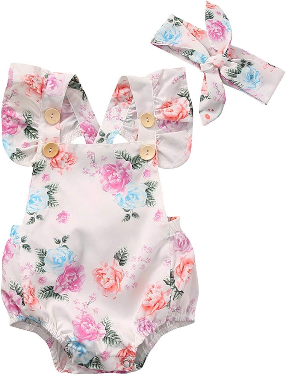 doulewayBaby Girl Full Floral Print Buttons Ruffle Sleeveless Romper Bodysuit with Headband 0-18M