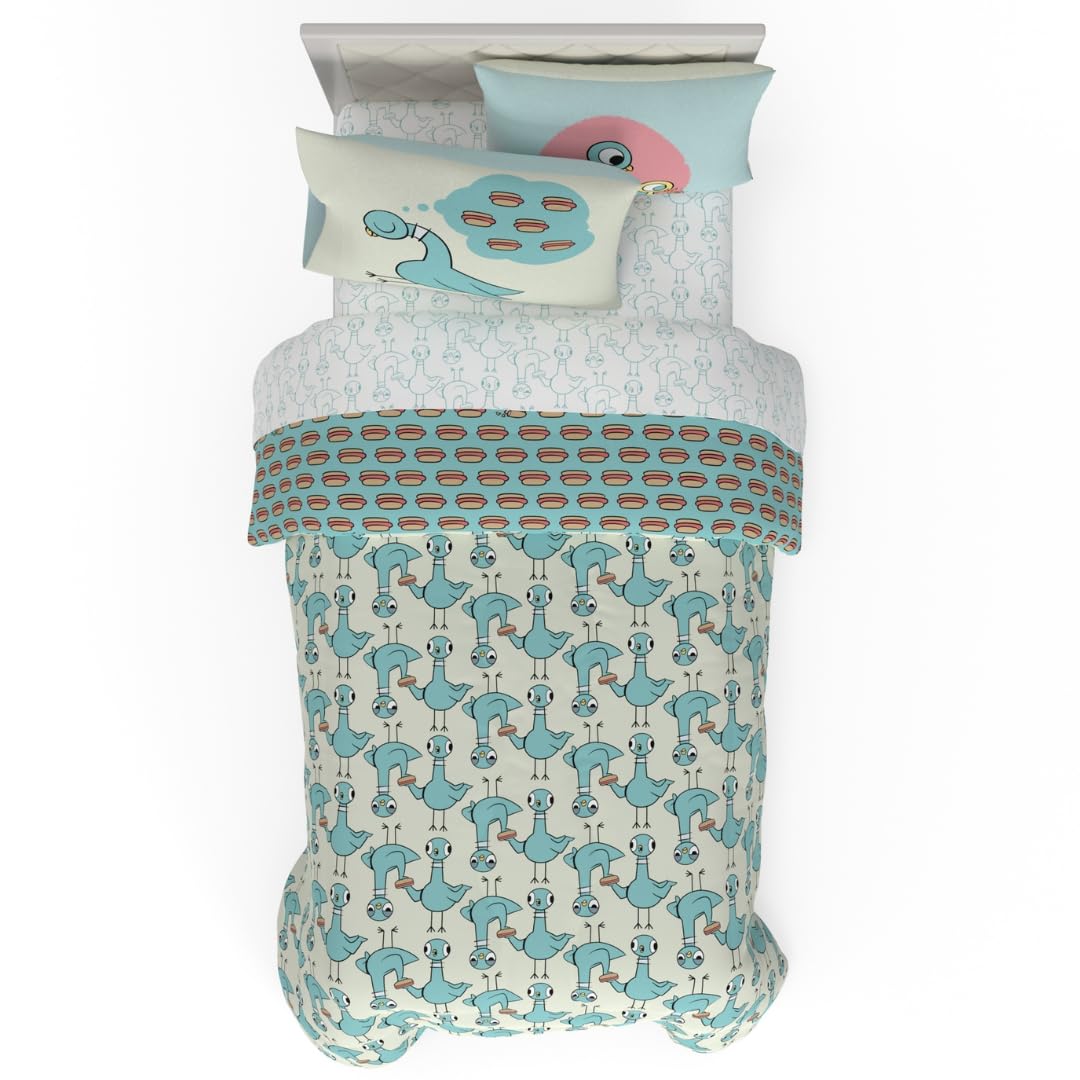 The Pigeon Finds A Hot Dog Twin Bedding Set – 5 Piece Super Soft Microfiber Reversible Comforter, Sheet Set & Sham - Book by Mo Willems (Officially Licensed Product) by Franco Image