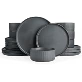 Famiware Star Plates and Bowls Sets, 18pc Modern Stoneware Dinnerware for 6 | Handmade Reactive Glaze Dishes, Chip &amp; Scratch Resistant. Microwave &amp; Dishwasher Safe, Everyday Ceramics, Matte Dark Charcoal