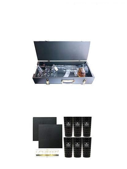 Kalashnikov Wodka Munitionskiste 1,0 Liter Wodka 1 x 0.2 Liter Kräuterlikör und 6 Gläser + Schiefer Glasuntersetzer eckig ca.