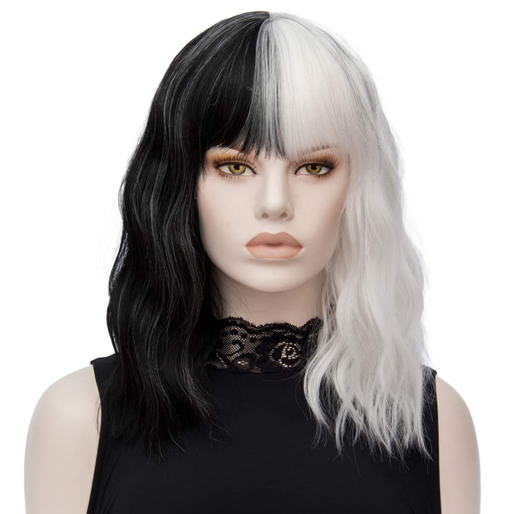 ATAYOU Black and White Wig,Short Cosplay Synthetic Bob Wig, Half and Half Heat Resistant Halloween Costume Wig with Bang 14 Inches with Wig Cap