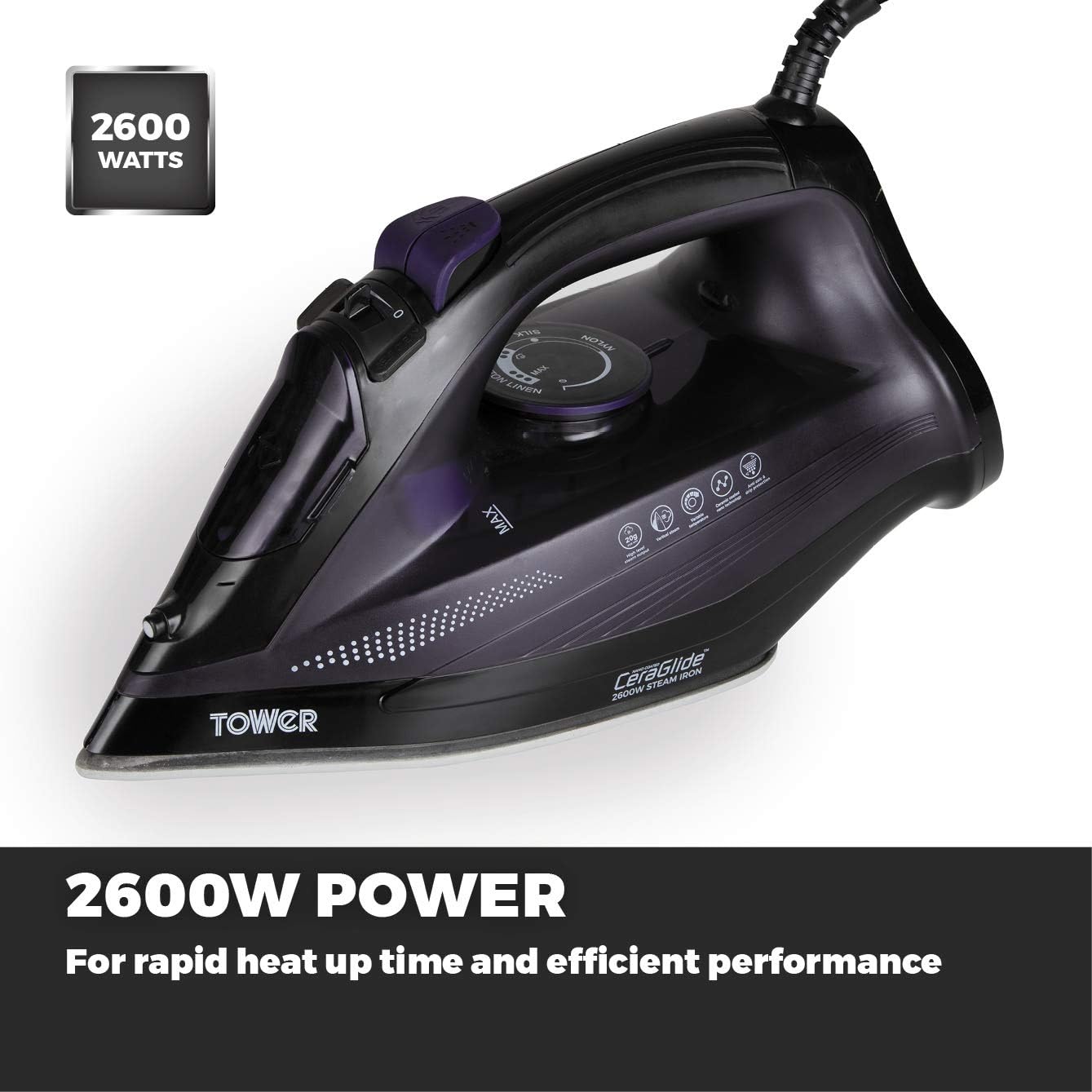 Tower CeraGlide T22011 Ultra Speed Iron with Ceramic Soleplate Variable Steam Function, 2600W, Purple - Image 4