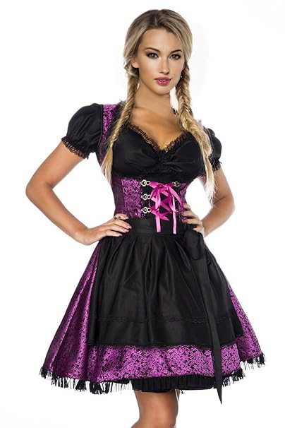 DIRNDLINE 3-tlg. Mini-Dirndl Trachtenkleid aus Jacquard (Kleid, Schürze & Bluse) in 5 Varianten A70000, Größe:34;Farbe:lila