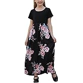 GORLYA Girl's Short Sleeve Patchwork Floral Print Loose Casual Long Maxi Dress with Pockets for 4-12 Years Kids