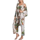 WDIRARA Women's 3 pcs Sleepwear Leaf Print Cami and Pants Pajama Set with Robe