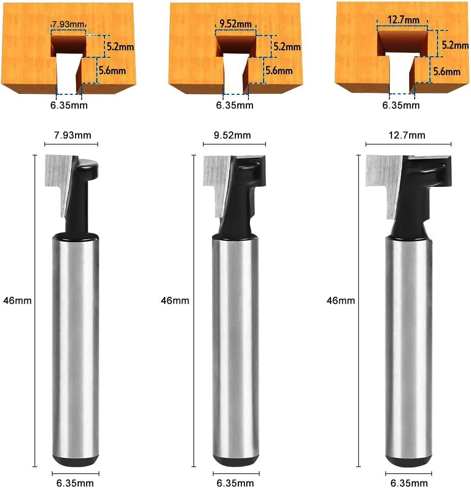 flintronic T-Slot Cutter Set, 3PCS 6.35mm/1/4" Shank Steel Handle T-Slot Cutter, 1/2" - Image 3
