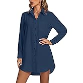 LYANER Women's Collar V Neck Button Down Long Sleeve Cruved Hem Shirt Dress