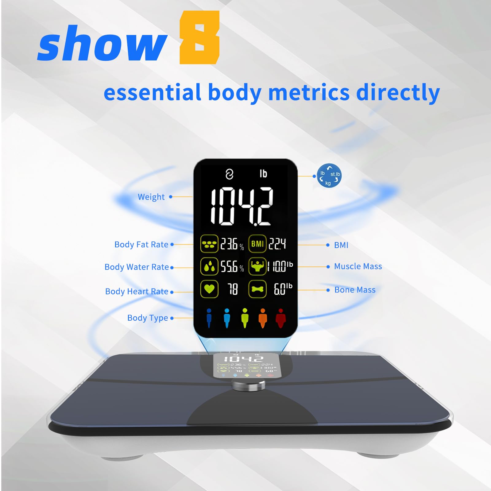 WGGE Smart Body Weight Scale,Digital Smart Bathroom Scale with Mobile App, Large LCD Display Screen,17 Body Composition Metrics BMI, Body Fat Tracking, Heart Rate,Baby Mode,400lb/180kg