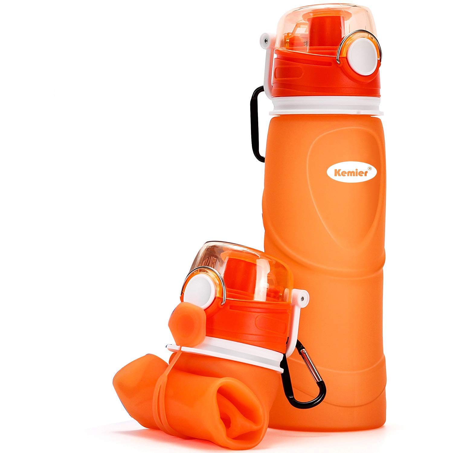 Kemier Collapsible Foldable Water Bottle for Travel, Gym, Hiking - Silicone Leakproof Sports Outdoor Bottle with Carabiner, 750ML/26OZ (Orange)