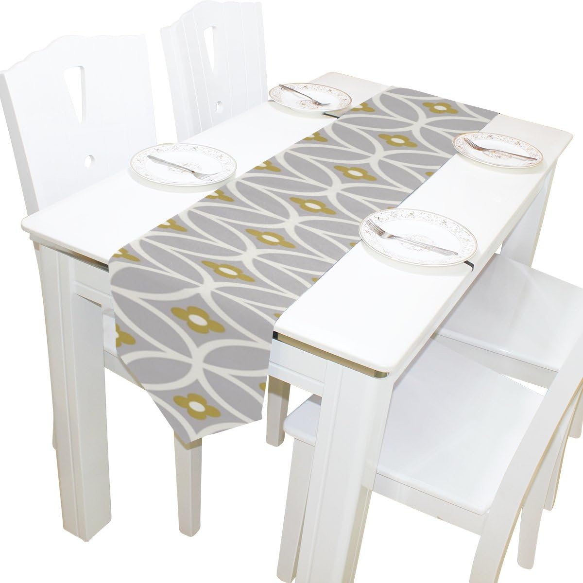 DJROWW White Grey Mustard Circles Pattern Table Runners For Home Decorative Coffee Table 13x90