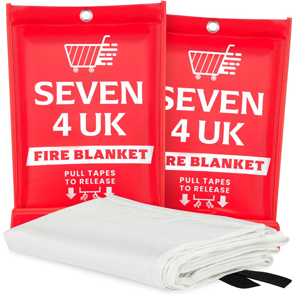 SEVEN4-UK 2 Pack Premium Fire Blanket 1M x 1M – Kitemarked Fiberglass Emergency Fire Suppression Blanket for Kitchen, Home, Office & Caravan – Fireproof, Heat-Resistant & Compact Storage