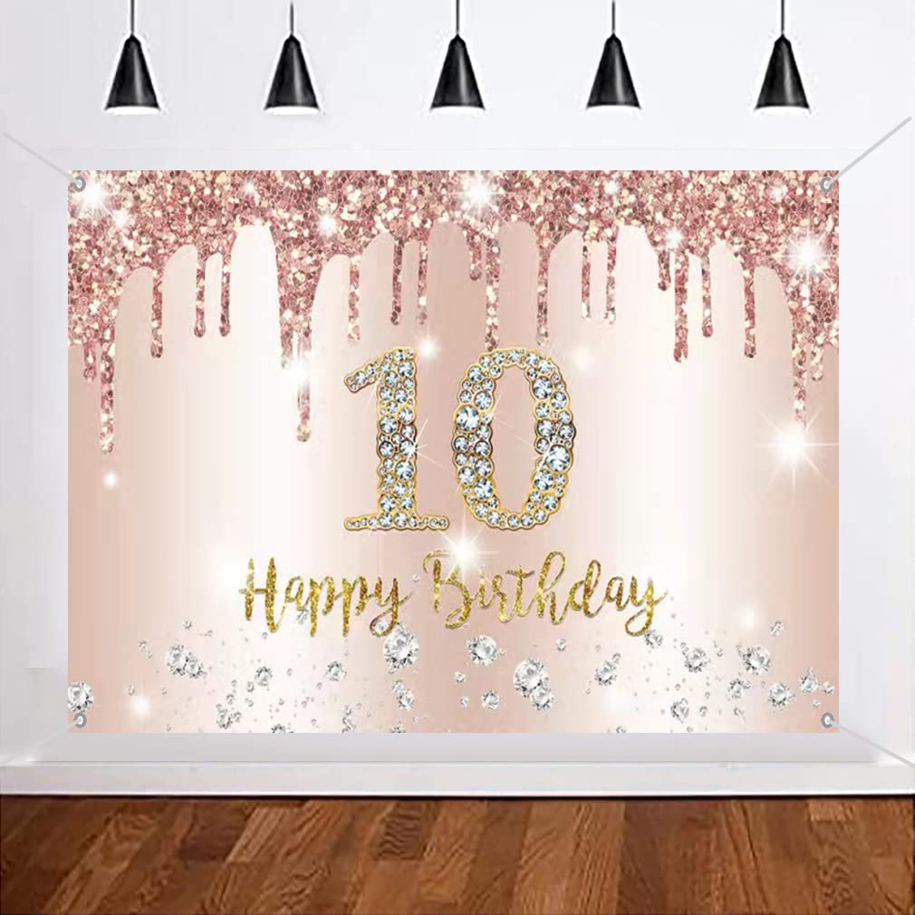 Happy 10th Birthday Decorations Backdrop Banner for Girls 10 Years Old Fabric Sign Poster Rosegold Photo Background Girl 10th Birthday Party Supplies, 150cm x 90cm
