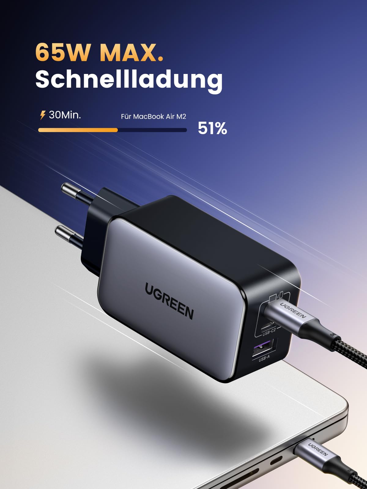 UGREEN Nexode USB C Ladegerät 65W GaN Netzteil 3-Port PD Charger 60W PPS kompatibel mit MacBook Pro/Air, iPhone 17 Pro Max/16/15, iPads, Galaxy S24 Ultra/S23/S22(Schwarz) 2