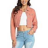 PEIQI Women’s Cropped Jean Denim Jacket Button Down Long Sleeve with Pockets
