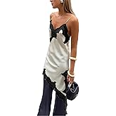 Women Y2k Satin Lace Trim Cami Shirt Spaghetti Strap Side Split Asymmetrical Silky Camisoles Going Out Tops