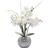 Oairse Artificial White Phalaenopsis Orchid Flower Arrangements 20.8" Faux Orchid Flower in Silver Pot Orchid Centerpiece for Dining Room Table