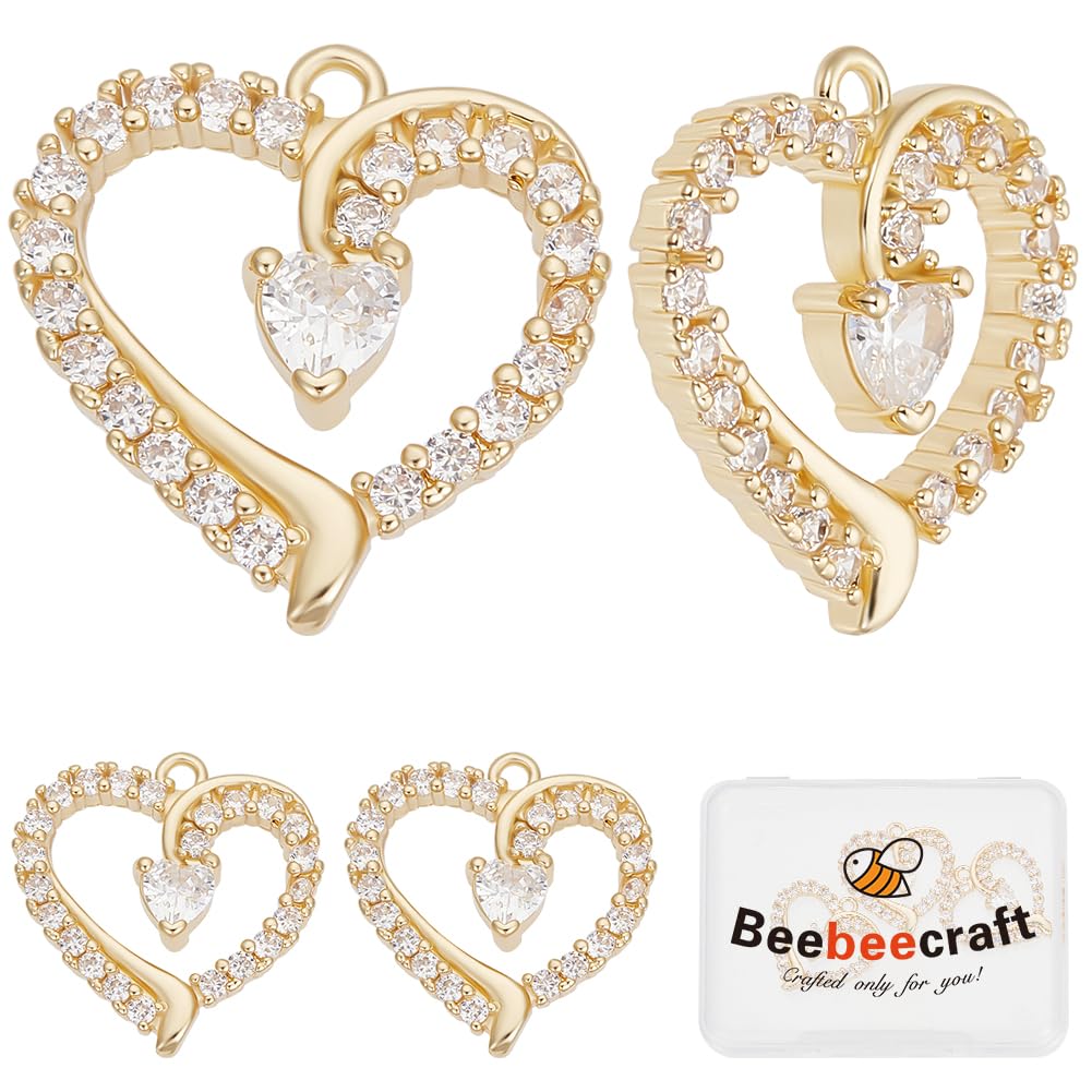 Beebeecraft 1 Box 6Pcs Cubic Zirconia Heart Charms 18K Gold Plated Clear CZ Love Charms for Jewelry Making Pendant Necklace DIY