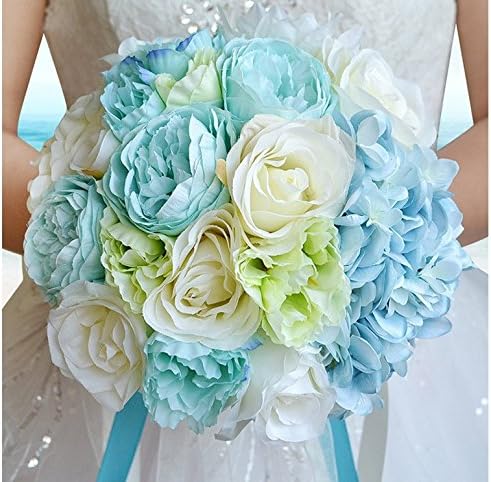 18PCS Western style American Hawaii seaside Sandy beach wedding Church wedding bride toss bouquet Bridesmaid flower girl ivory &amp; blue bouquets