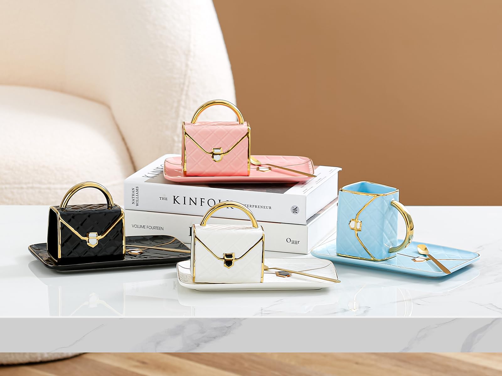 Photo 1 of *** PARTIAL SET - SEE NOTES *** Jmugmt 4 Pack Handbag Shaped Mug with Saucer and Spoon, Cute Handbag Mug, Birthday Gifts for Women Girlfriend Office Use 10 Ounce(4 Color Set)