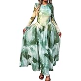 Evzeiem Women's Maxi Dress 2026 Spring Long Sleeve Crewneck Mesh Floral Dress Drop Waist Party Wedding Guest Dresses