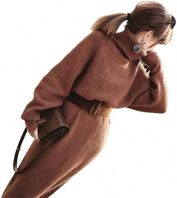 Amazon Co Jp レディース ニット ワンピース タートルネック ロング ゆったりタイトベルト 服 ファッション小物