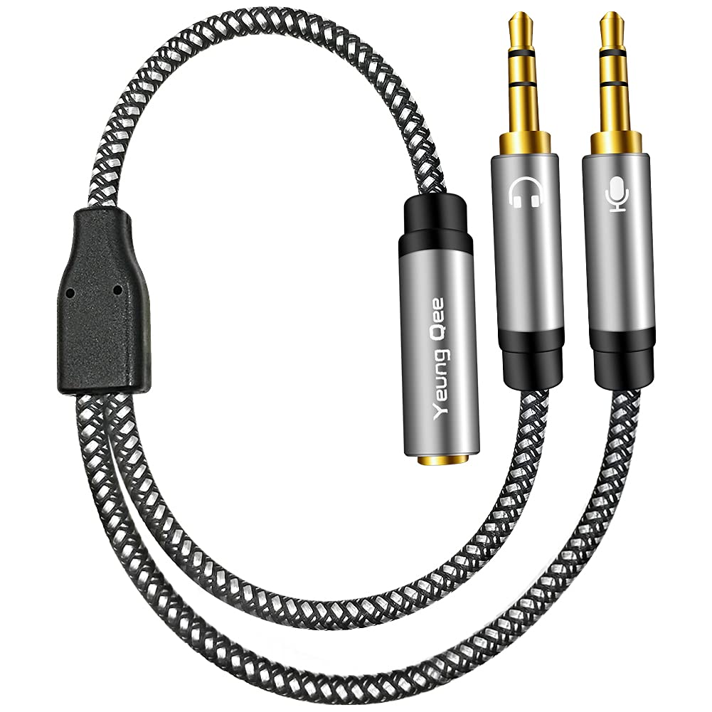 Yeung Qee Headphone Mic Splitter CTIA Standard 3.5mm Female to 2 Dual 3.5mm Jack Male Microphone Audio Y Splitter Adapter Cable Compatible with PC,Laptop Desktop,Gaming Headset, Speaker(1m,silver)