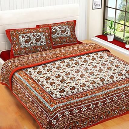 RajasthaniKart Super Gold 3 Piece 144 TC Cotton Double Bedsheet with 2 Pillow Covers - Abstract, Multicolour