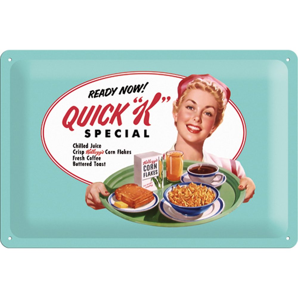 Nostalgic-Art Kellogg's Quick K Menu - Gift idea for fans of nostalgiaRetro Tin SignMetal PlaqueVintage design for decoration20 x 30 cm