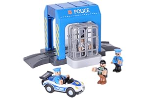 HANQIANN Police Station Playset Toy,Building City Police Scenes Train Set Compatible with All Wooden Train Tracks,Educational Train Accessory Toys for Boys and Kids (Assembly Required)