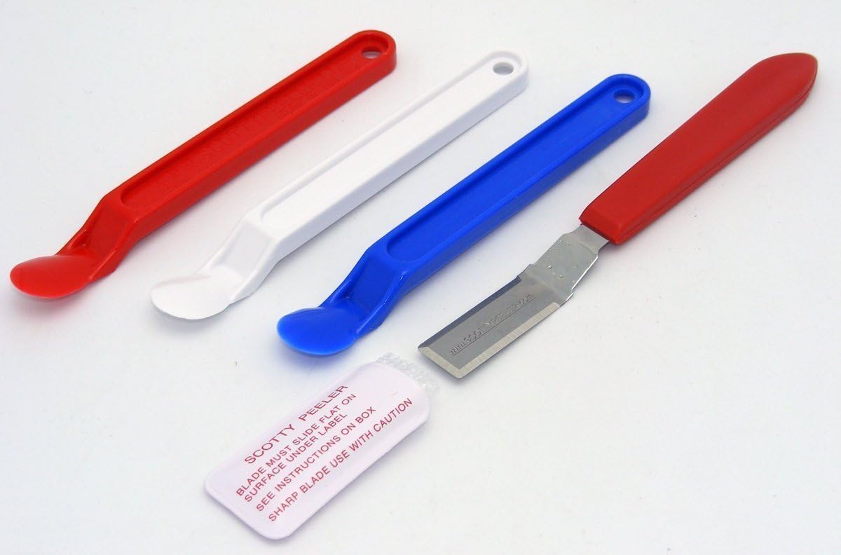 Scotty Peelers Label & Sticker Remover - 3 Plastic Red, White, Blue and 1 Metal Blade with Cover (3-Pack)