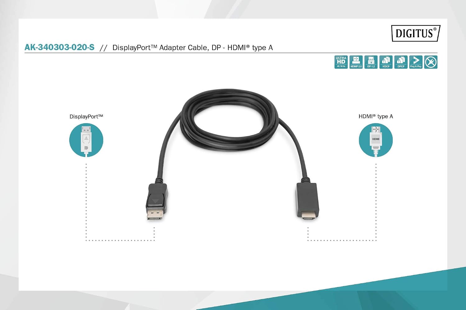 Digitus DisplayPort adapter cable - DP to HDMI (2.0) Type A - UHD 4K/60Hz - 2m - Locking, HDCP, 3D - for monitor PC - Image 5