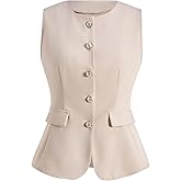 winkbay Women's Button Up Blazer Vest Elegant Crew Neck Sleeveless Waistcoat Business Casual Tops