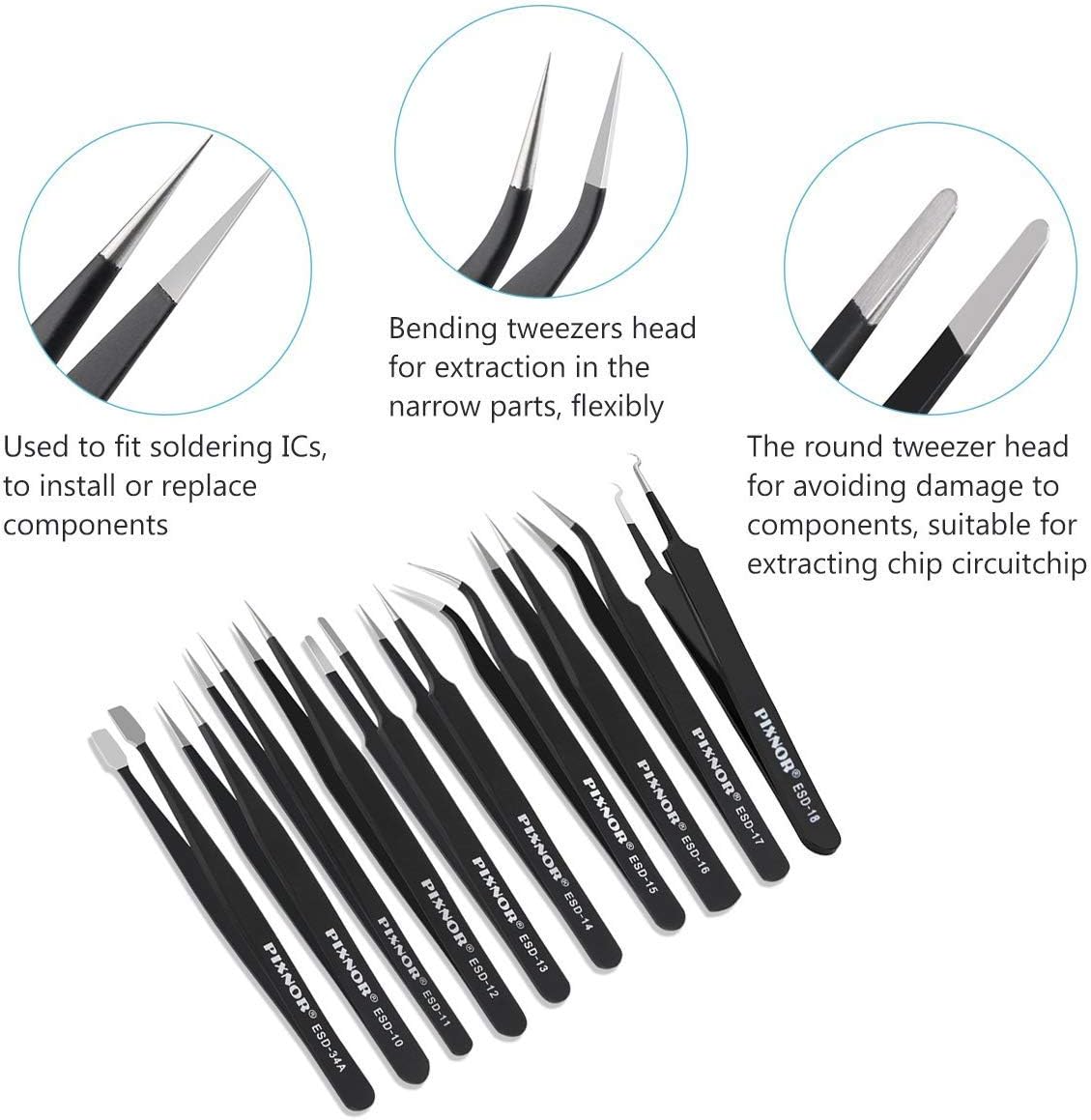 Precision Tweezers Set, 10 PCS ESD Tweezer Set, AntiStatic Stainless