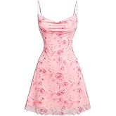GORGLITTER Girl's Cute Coquette Dresses Floral Printed Mesh Sleeveless Cowl Neck Strappy Summer Mini Short Dresses