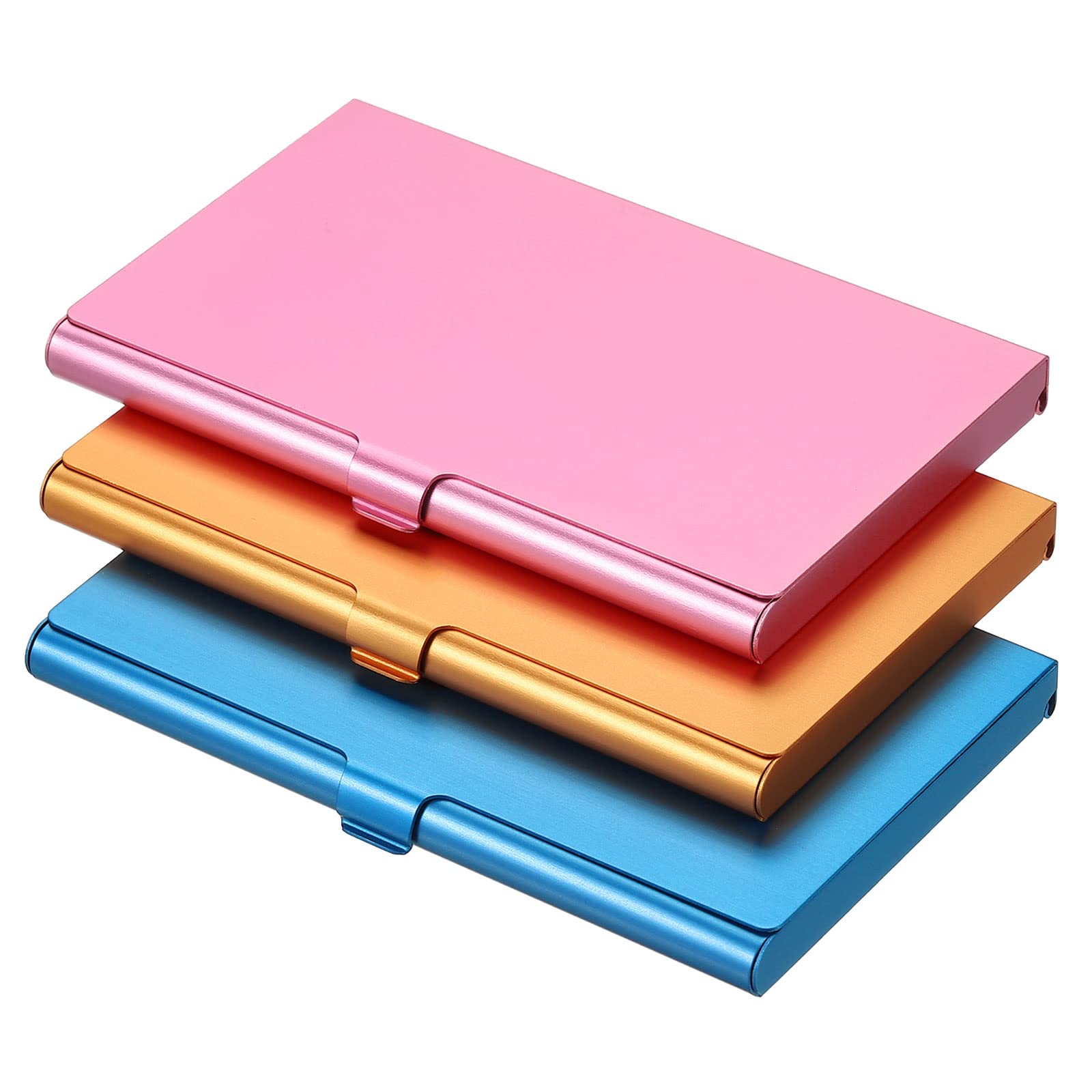 PATIKIL Business Card Holder, 3 Pieces Aluminum Alloy Flip Cover Slim Name Cards Case for Women Men, Pink, Gold, Blue